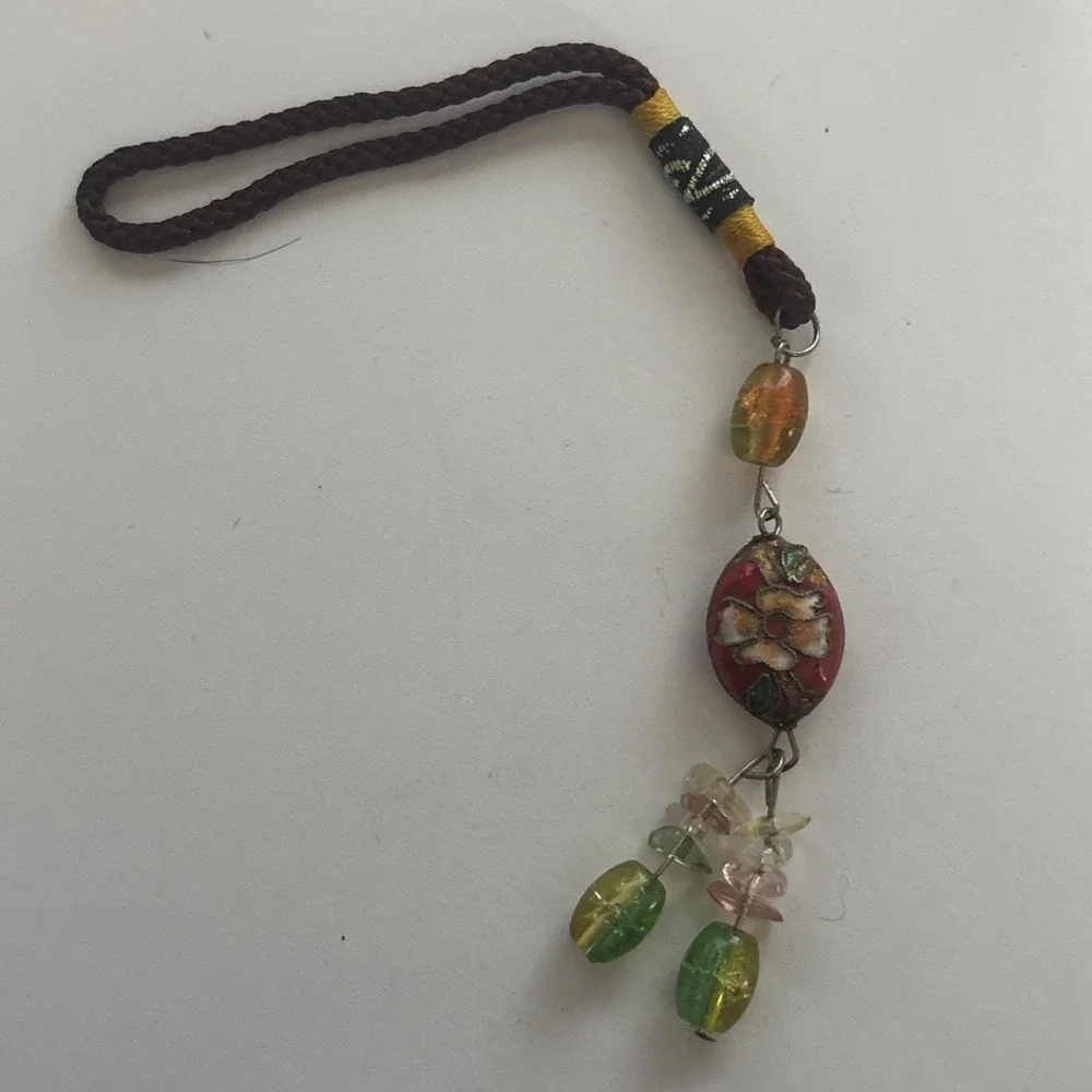 Retro Enamel Cloisonné Flower Bead Bag Charm, Asian Cord Tassel